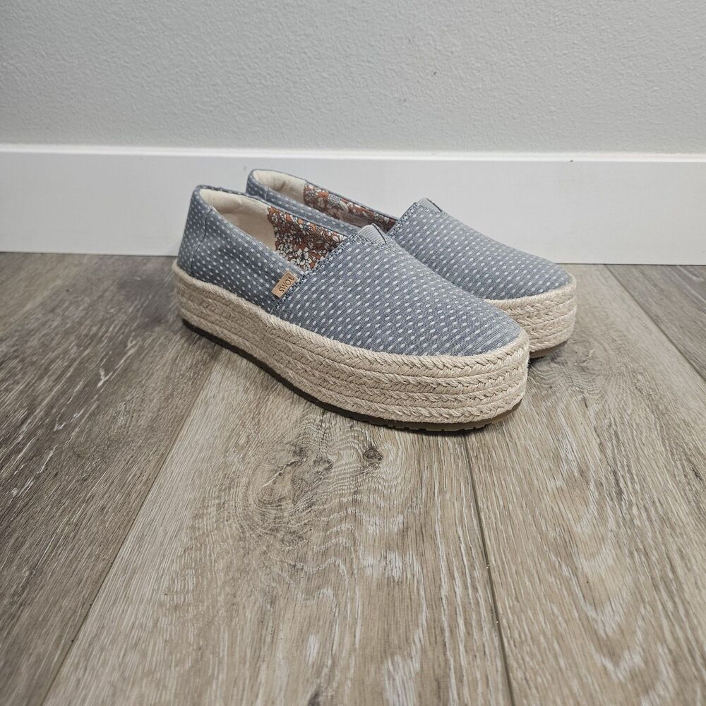 Toms Light Blue Dotted Espadrille Platform Slip-Ons